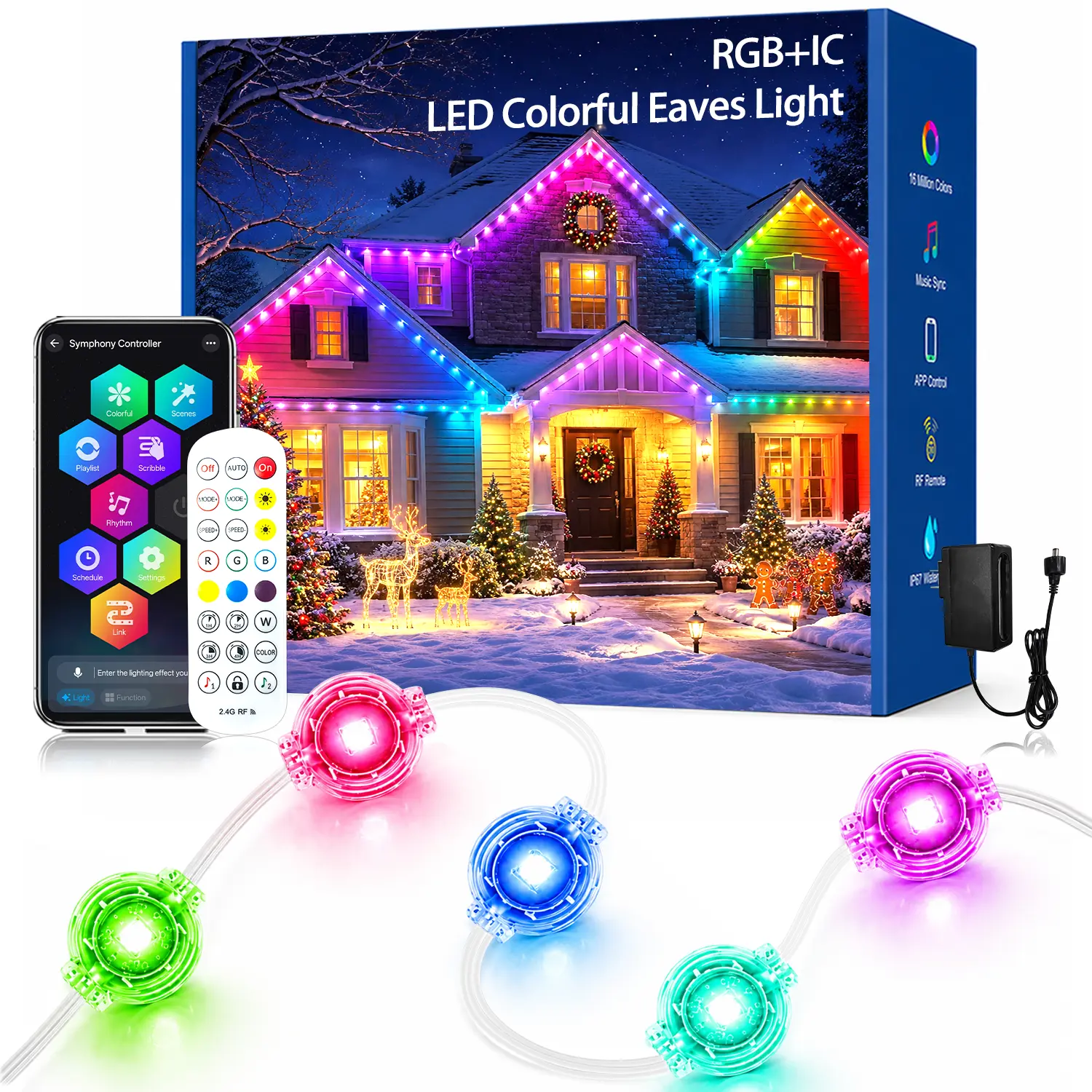 Yocrostar RGB+IC Permanent Outdoor LED Strip Lights, IP67 Waterproof Eaves Lighting with Smart Control, App & Remote, Holiday Decor for House Parties Christmas, Smart Control Holiday Lighting