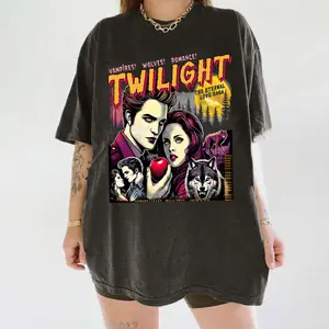 Women's Unisex 100% Heavyweight Cotton Round Neck Printed T-Shirt - Casual, Seamless, Classic Fit, Vintage Vibe, Twilight Saga Vampires Wolves Graphic, Twilight-Themed Women's T-Shirts, Homage Gift for Book Lovers