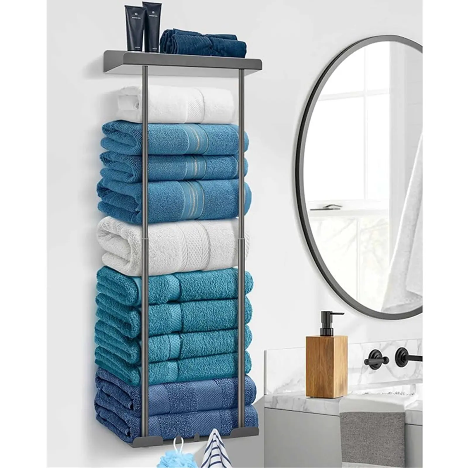 Towel Racks for Bathroom,30inch No Drilling wall-mounted  Retractable Towel Rack,Self Adhesive Towel Holder ,Towel Storage for Bathroom can Holds 6 Large Rolled Towels,Gray