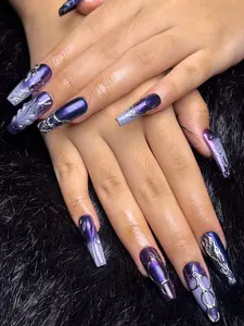 Y2K Chrome Press On Nails Purple Ombré Gradient with Light Blue Diamond Rhinestone Glam for Quick Changes or Special Occasions Glossy Design XS-9 mm Length