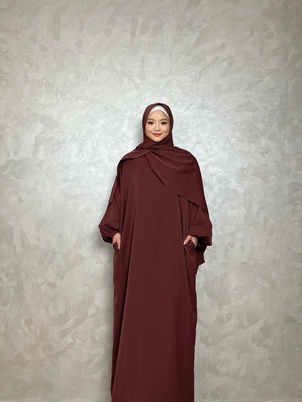 Women's Solid Drop Shoulder Hooded Kaftan & Hijab Set, Modest Bishop Sleeve Pocket Dress & Hijab for Daily Wear, Women's Islamic Clothing Women's Solid Drop Shoulder Hooded Kaftan & Hijab Set, Modest Bishop Sleeve Pocket Dress & Hijab for Daily Wear, Women's Islamic Clothing