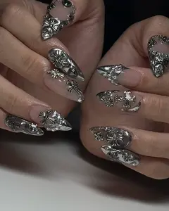 Terra Nails - Chrome Gothic Cross | Silver Punk-Inspired 3D Nail Art with Metallic Shine – TN152