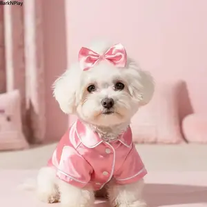 Cute Pet Pajama Set with Bow Headband, Cozy Soft Silk Sleepwear for Small Dogs and Cats, Teddy, Bichon, Pomeranian, Bulldog, and Puppies, Comfortable Nightwear, Pink