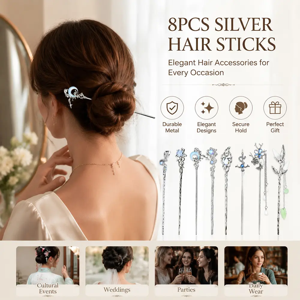 Women's 8pcs Sturdy Metallic Retro Vintage Chinese Hanfu Specialty Kitchen Utensils Set - Silver Fishtail, Star, Moon, Butterfly Long Hair Chopsticks, Forks, Secure Hold Elegant Bun Updo Holders for Formal Events, Everyday Wear