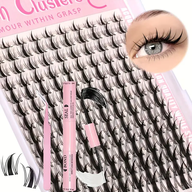 140pcs Fairy Eyelashes 8-18mm Cartoon Lashes Wispy Lashes Eyelash Cluster Kit with Dual-Head Glue and Applicator, C Curl DIY Natural Eyelash Extensions Extension Set for Professional or Home Use Wispy Eyelash Clusters