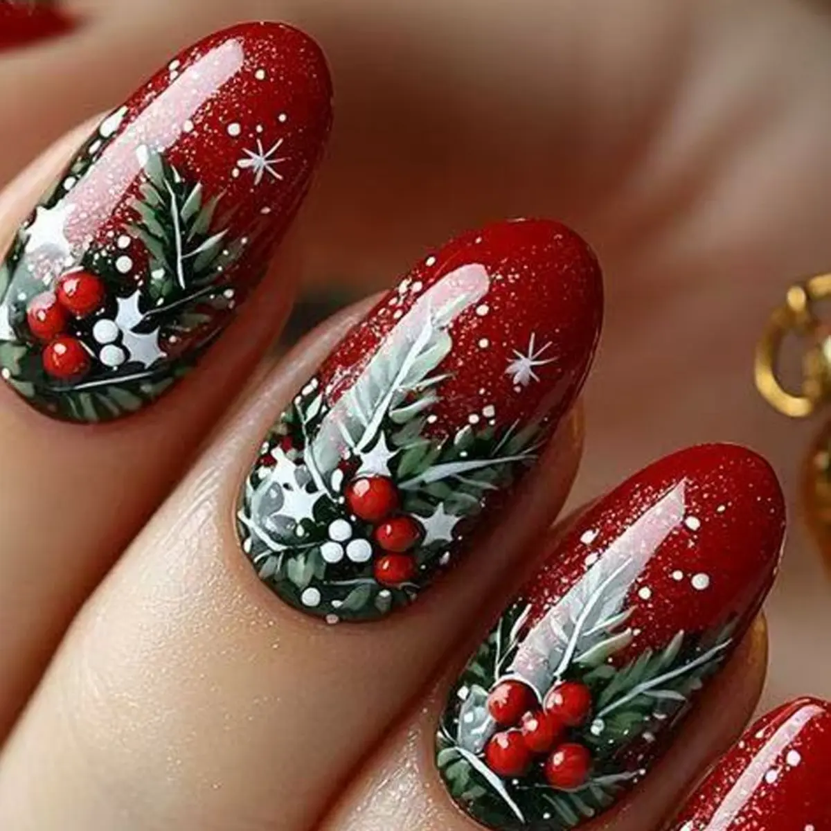 48pcs Multi-Pack Oval Press-On Nails, Christmas Glossy Sparkly Glitter Artificial Nails with Holly Berry Art, Snowflake Patterns & Shimmery Golden Tips for Holiday Parties, New Year's Eve, Short Oval Nails, Sparkly Look