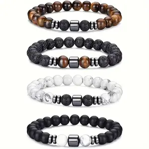 4pcs Men's Beaded Bracelet set - Unisex Neutral Tiger Eye, White Turquoise, Handmade Bead Elastic Bracelet, Suitable for Daily Wear And Gifts for Couples