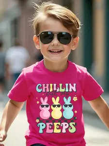 Boys' Easter Bunny T-Shirt, Cute Graphic Tee, 'chillin with My Peeps' Text, Cartoon Rabbit Print, Round Neck Short Sleeve, Breathable Fabric, Casual Style