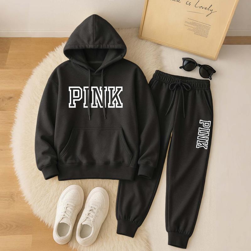 Women's Pink Print Hoodie And Drawstring Track Pants Set, Casual Sportswear, Long-Sleeved Hooded Jacket And Pants, Suitable For Autumn And Winter, Everyday Wear, Indoor And Outdoor Sportswear, Casual Sportswear.