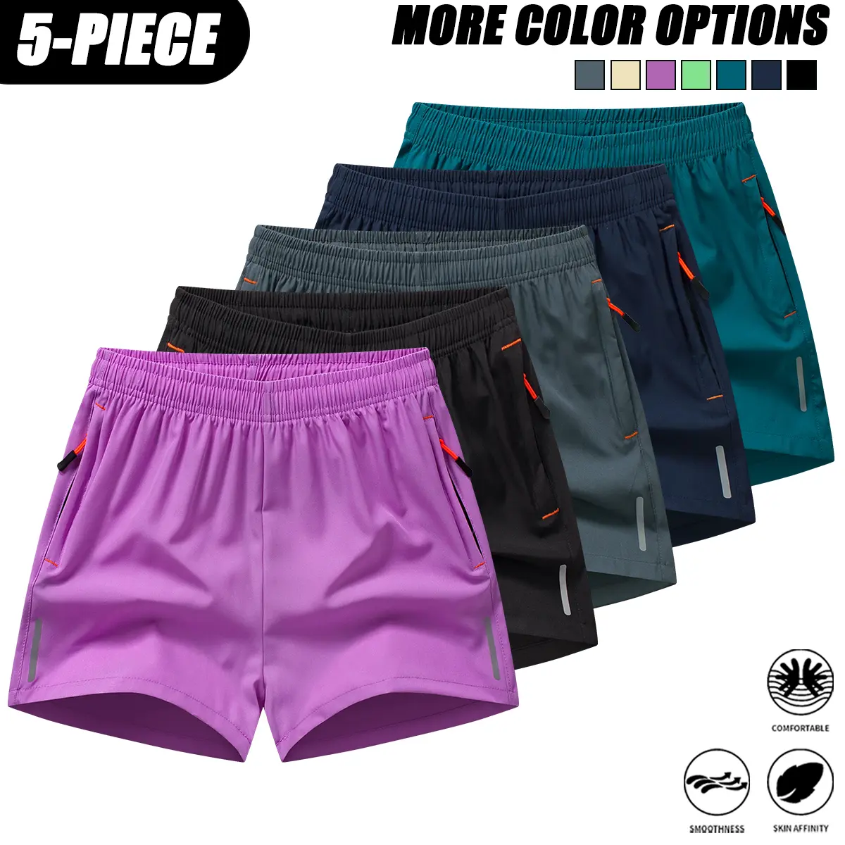 Women’s 5PCS Summer Quick-Dry Gym Shorts - Quarter-Length, Breathable Fabric, Sporty Look, Zip Pockets, Elastic Waist, for Comfortable Exercise