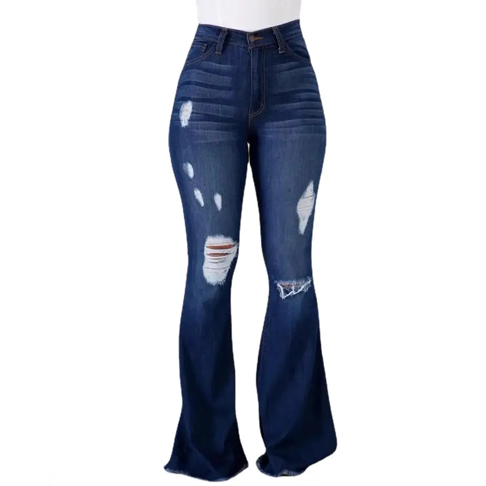 Women's High Rise Flare Jeans, Vintage Bell Bottom Style Stretch Denim Pants with a Ripped Knee Cutout and Dark Wash, Streetwear, Women's Fashion, Fashion Apparel, Clothes, Flattering Jeans, Vintage Retro, Distressed Flare Jeans