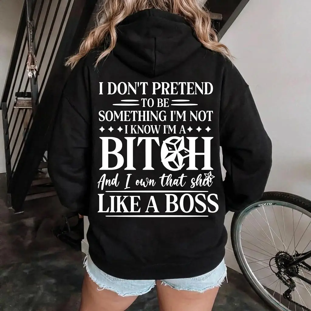 Women's Oversized Graphic Hoodie Black | Funny Sassy Slogan Print Sweatshirt, Y2K Aesthetic Streetwear, Edgy Text Print Drop Shoulder Hooded Pullover, Comfortable Casual Boss B*tch Jumper