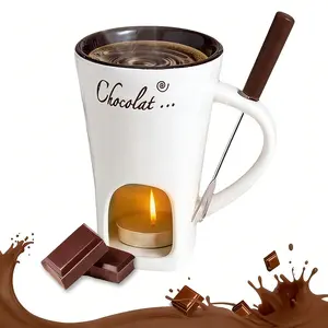 Multifunctional Ceramic Chocolate Fondue Set with Fork - White Non-Stick Melting Cup, Compact Portable for Indoor Use, Ideal for Chocolate/Cheese/Caramel, Durable Easy-to-Clean, Romantic Gift for Date Night/Birthday/Wedding (Paraffin/Wax/Gel/Oil Compatibl