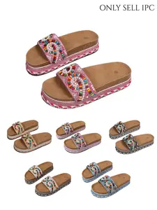 Summer New Bohemian Style Beaded Thick Sole Slippers, Multi-Color Ethnic Soft Wood Bottom Sandals, Comfortable and Stylish Footwear, Summer Slide Slippers