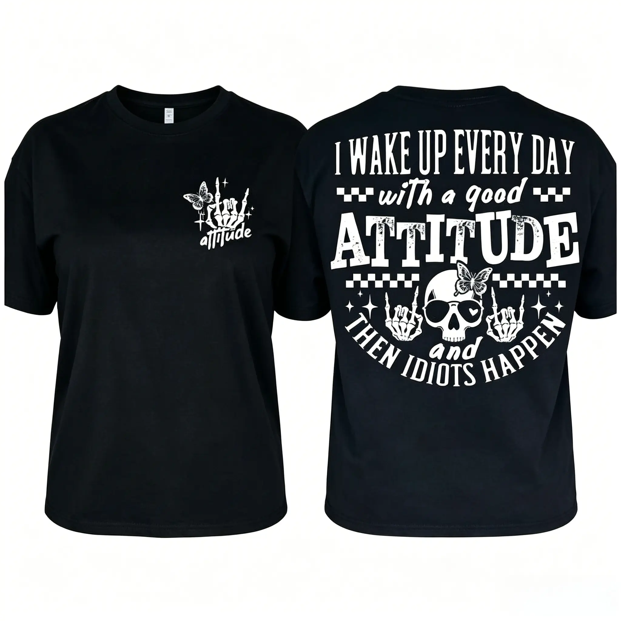 Women's Soft Cotton Short Sleeve Round Neck Basic T-shirt - Unisex Cut, Easy to Wear, Cute Graphic Print "I Wake Up Everyday With a Good Attitude and Then Idiots Happen" Casual Streetwear Summer Wardrobe Staple, Thanksgiving Party Top