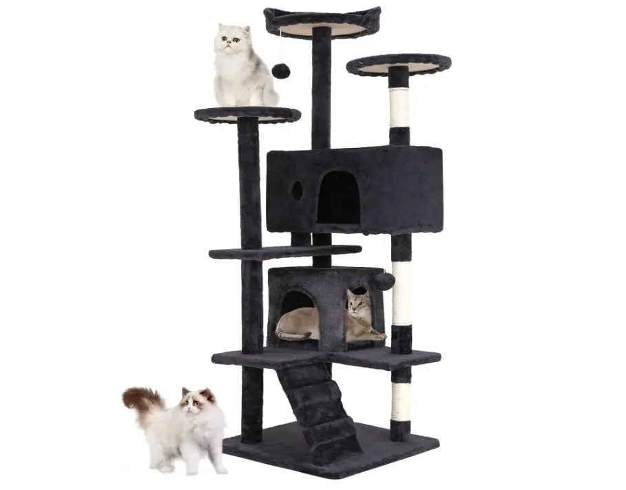 54in Classic Freestanding Cat Tree Tower for Indoor Small Cats & Kittens, Multi-Level Pet Furniture Activity Center with 3 Top Perches Platforms, Scratching Posts, Condo, Stand, Funny Toys (44lb Capacity)