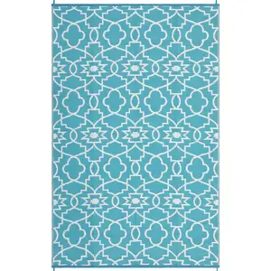 Outdoor Light Blue and White Rectangular Plastic Area Rug, 9x18 ft Actual Size, Modern Flower Geometry Design for Beach, Patio Use