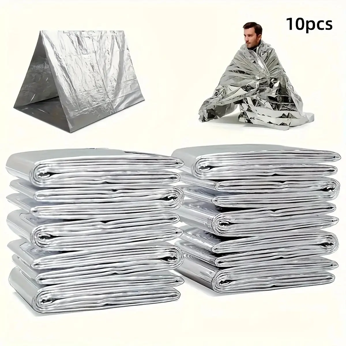 10 Pack Emergency Thermal Blankets Silver Foil Survival Blanket Kit Emergency Survival Gear and Supplies for Outdoors, Camping, Hiking, Homeless, First Aid, Emergency Survival Supplies
