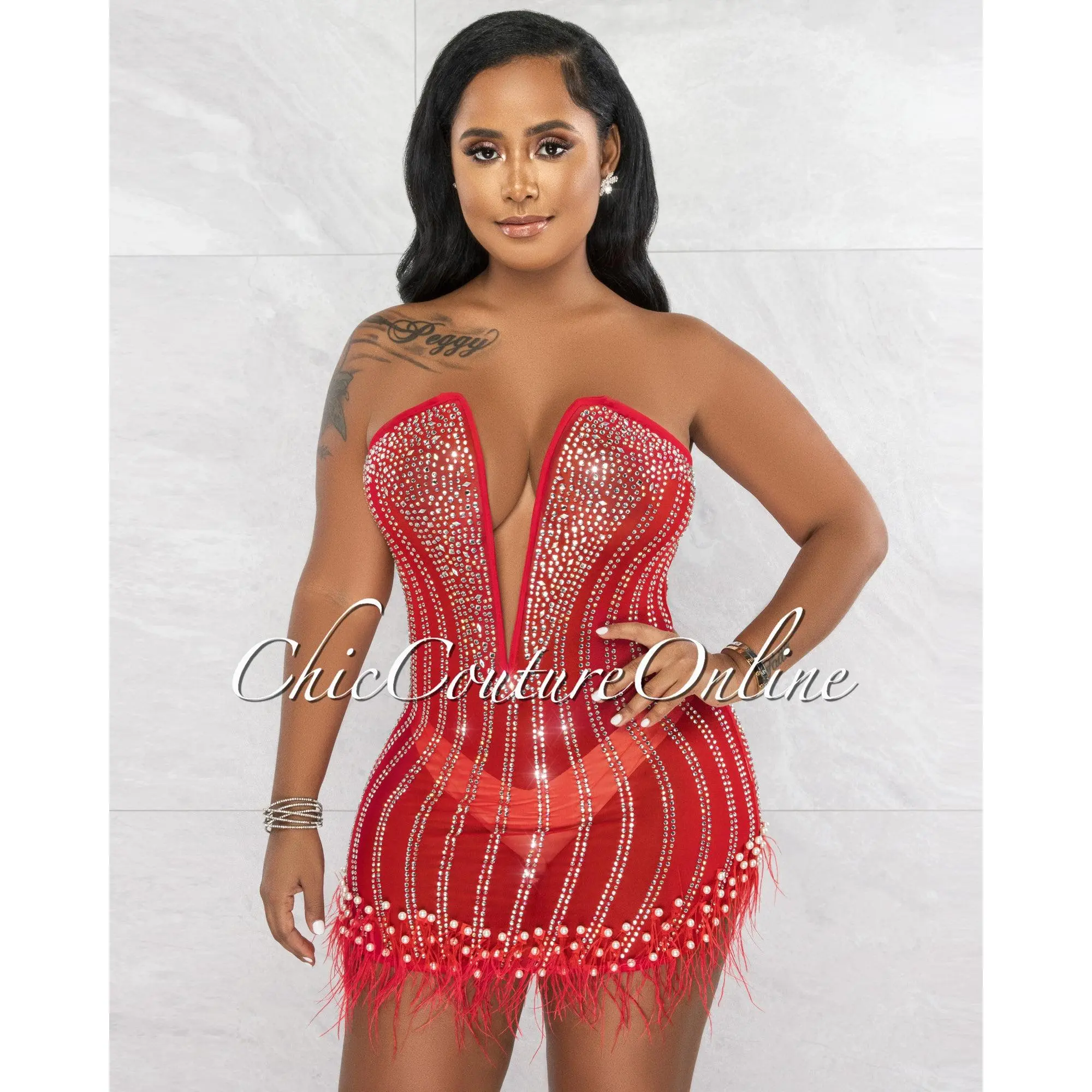 *Sebastian Red Rhinestones Pearls & Feathers Mesh Sheer Mini Dress