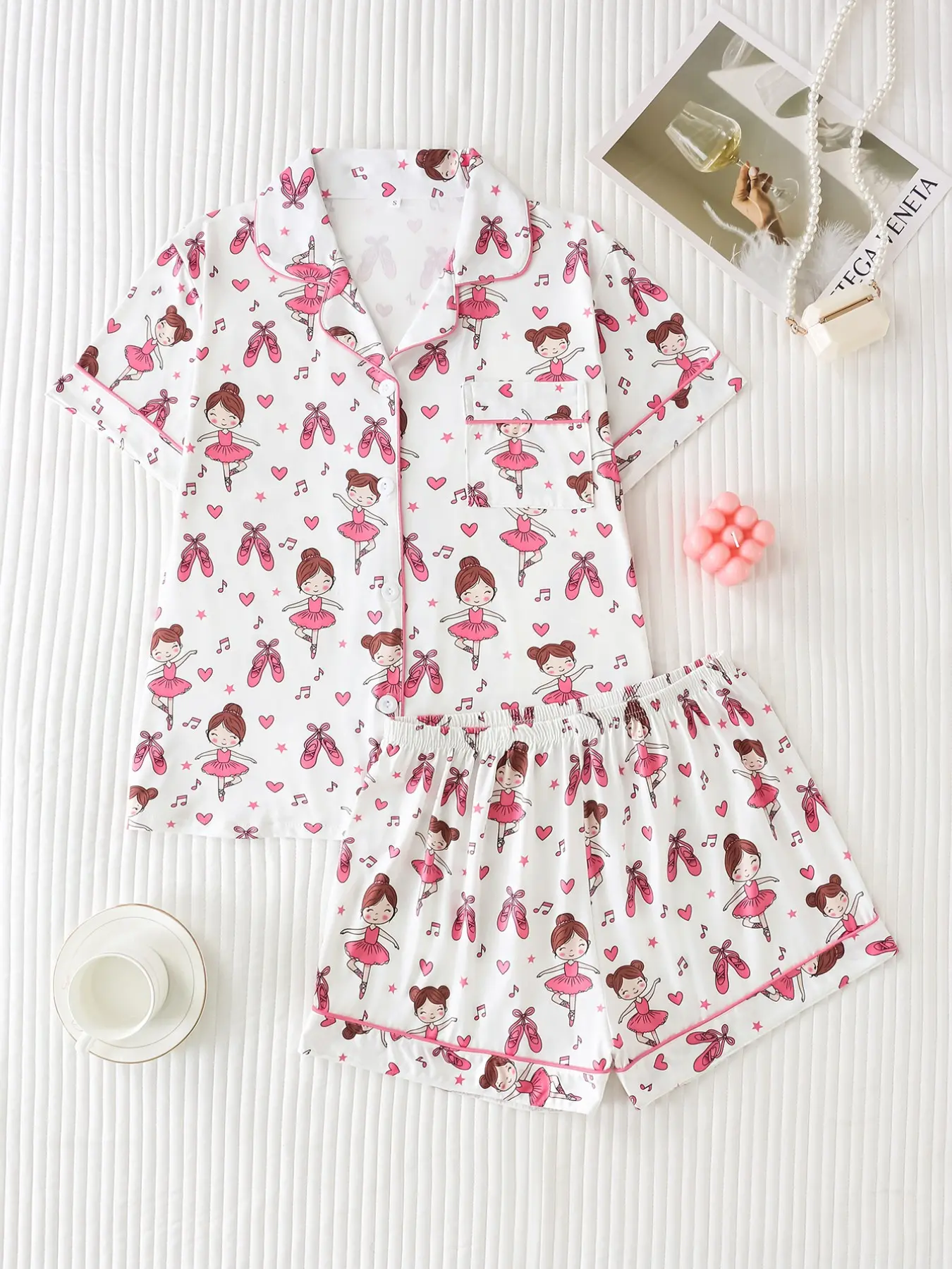 Two-Piece Ballet Girl Full Print Women's Pajamas, Soft Sleepwear Loungewear, High-Quality Silk Fabric, Smooth Comfortable, Loose Lightweight Button Pajama Set, Pjs, Homewear, Lady, Nightwear