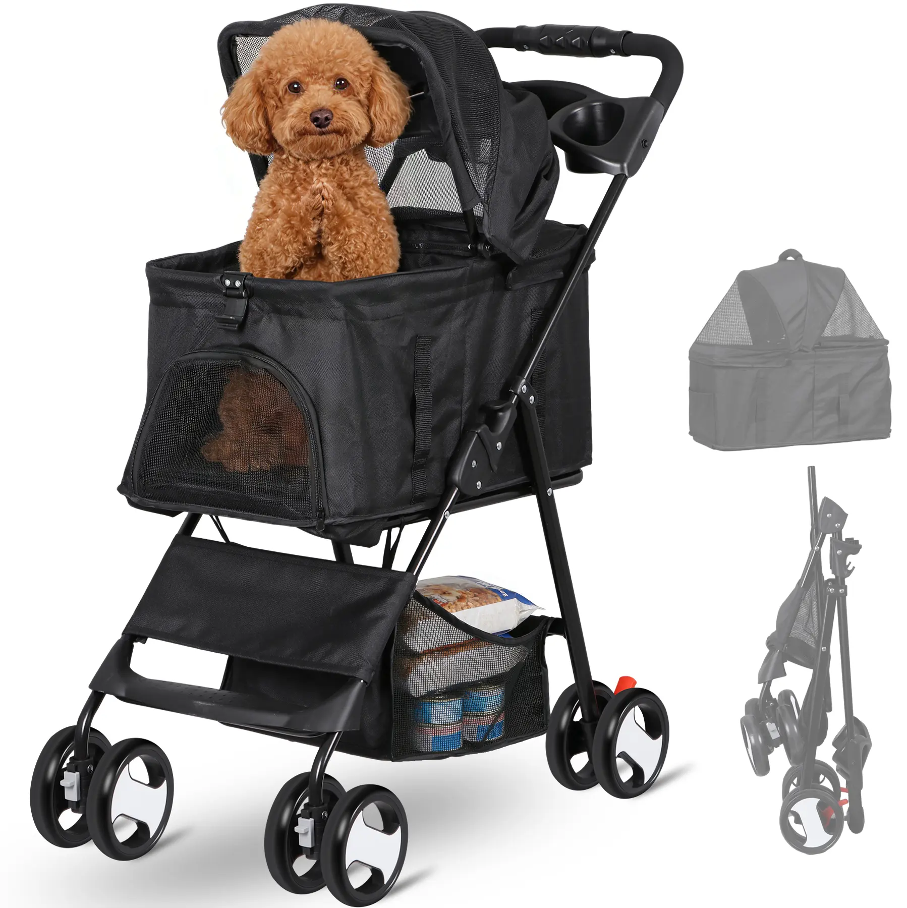 Zeny 3-in-1 Folding Pet Stroller - Detachable Carrier, Multifunction Jogger for Small-Medium Dogs, Oxford Fabric, Mesh Windows, Rear Brake, Storage Basket, Breathable Seat Covers (Black)