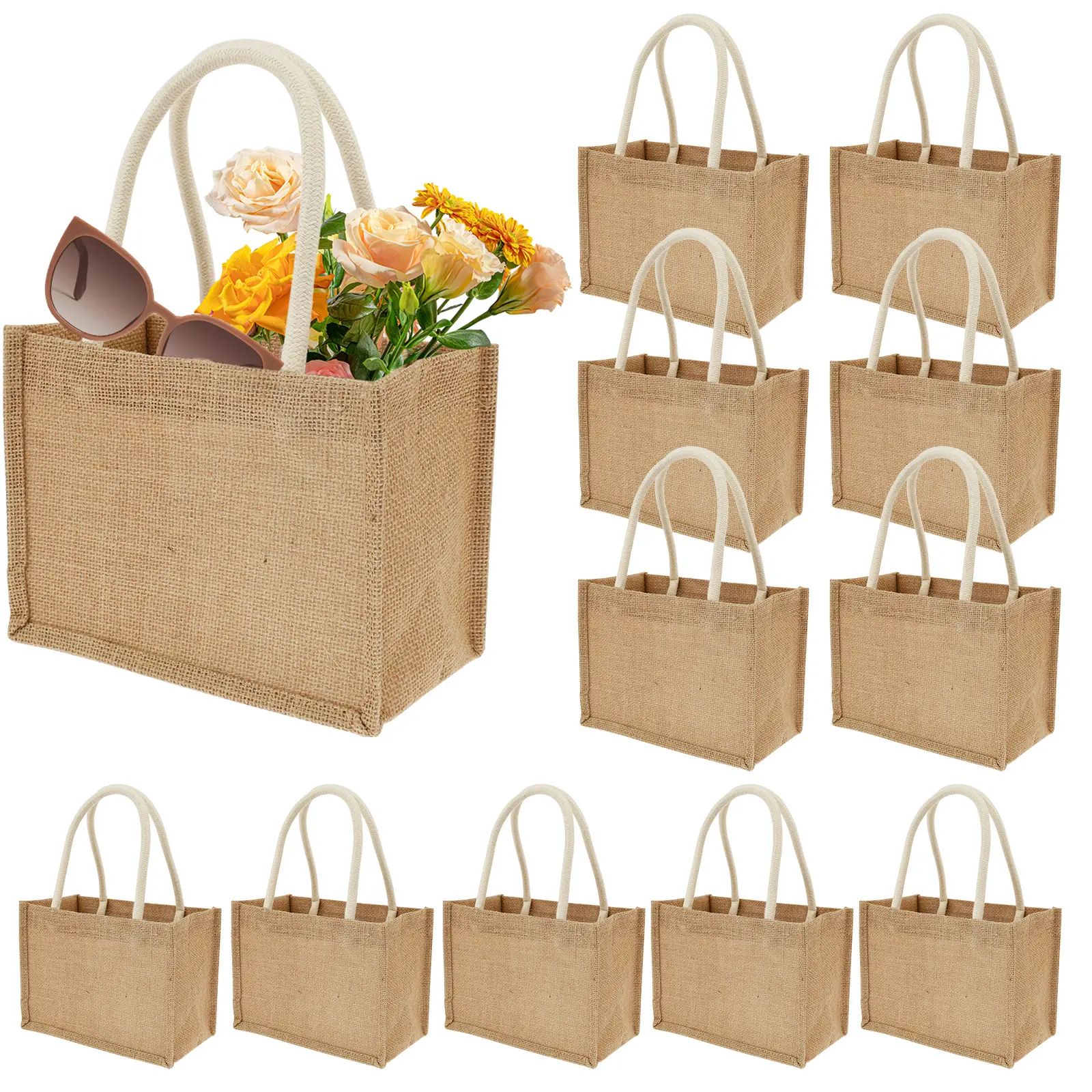 12Pcs Burlap Tote Bags Mini Burlap Beach Bags with Handles Portable Jute Tote Bag Reusable Burlap Bag Multipurpose Burlap Hand Bags for Shopping Trips Beach Tours School Outdoor