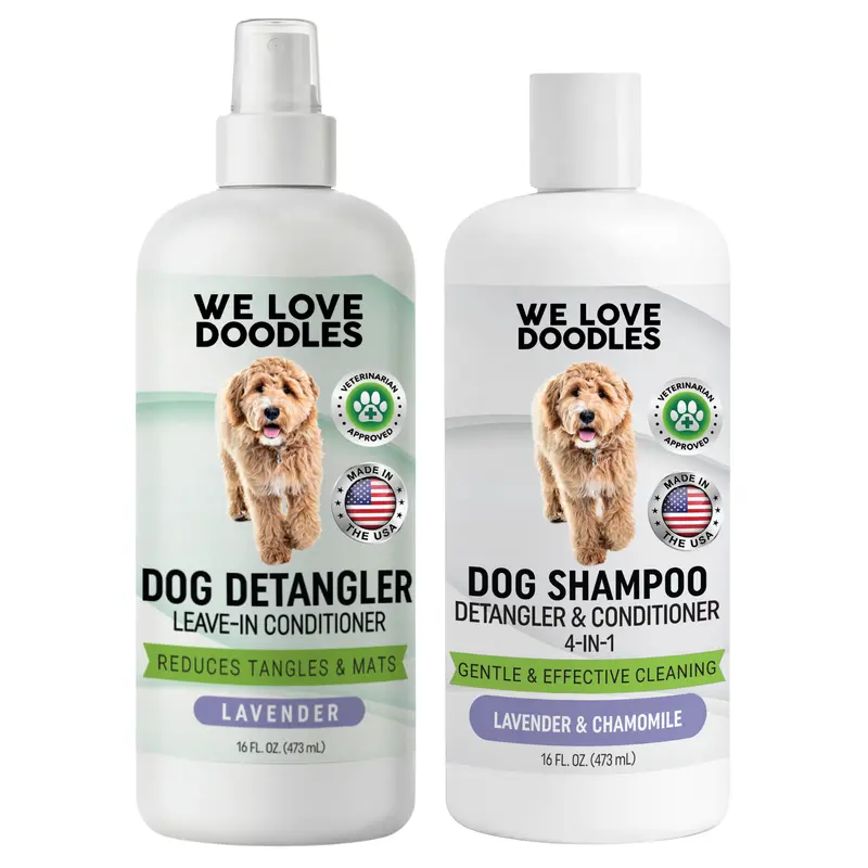 Dog Detangler Spray Leave-in Conditioner & 4-in-1 Dog Shampoo - Pet Shampoo & Conditioner for Dogs, Doodle Detangler Spray, Cleans & Moisturizes, Reduces Tangles & Mats, Lavender, Total 32 oz [We Love Doodles]