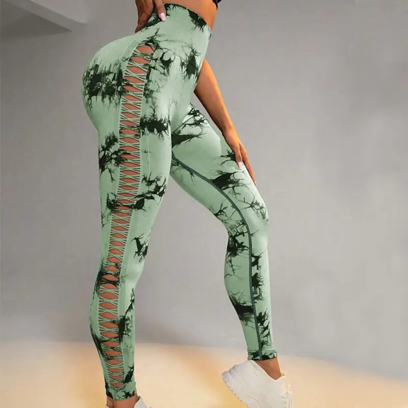 Women Tie Dye Side Cutout Crisscross Hollow Leggings High Waist Butt Lifting Stretch Seamless Yoga Workout Pants