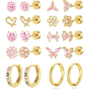 10 Pairs Hypoallergenic Flat Back Earrings Gold Silver Plated Surgical Steel Small Stud Huggie Hoop Earring for Women Butterfly Flower Heart Bow Pink CZ Stack Cartilage Earrings Set 20G 10 MM