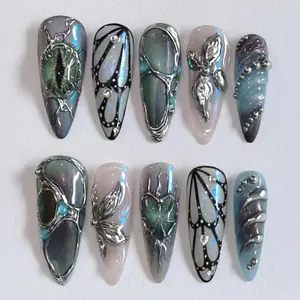 30Pcs Black Smudge Press on Nails Long Stiletto Fake Nails with 3D Rhinestone Chrome Silver Design Butterfly Wing Flower False Nails Green Glitter Full Cover Devil Eye Heart Gel Acrylic Nail for Women
