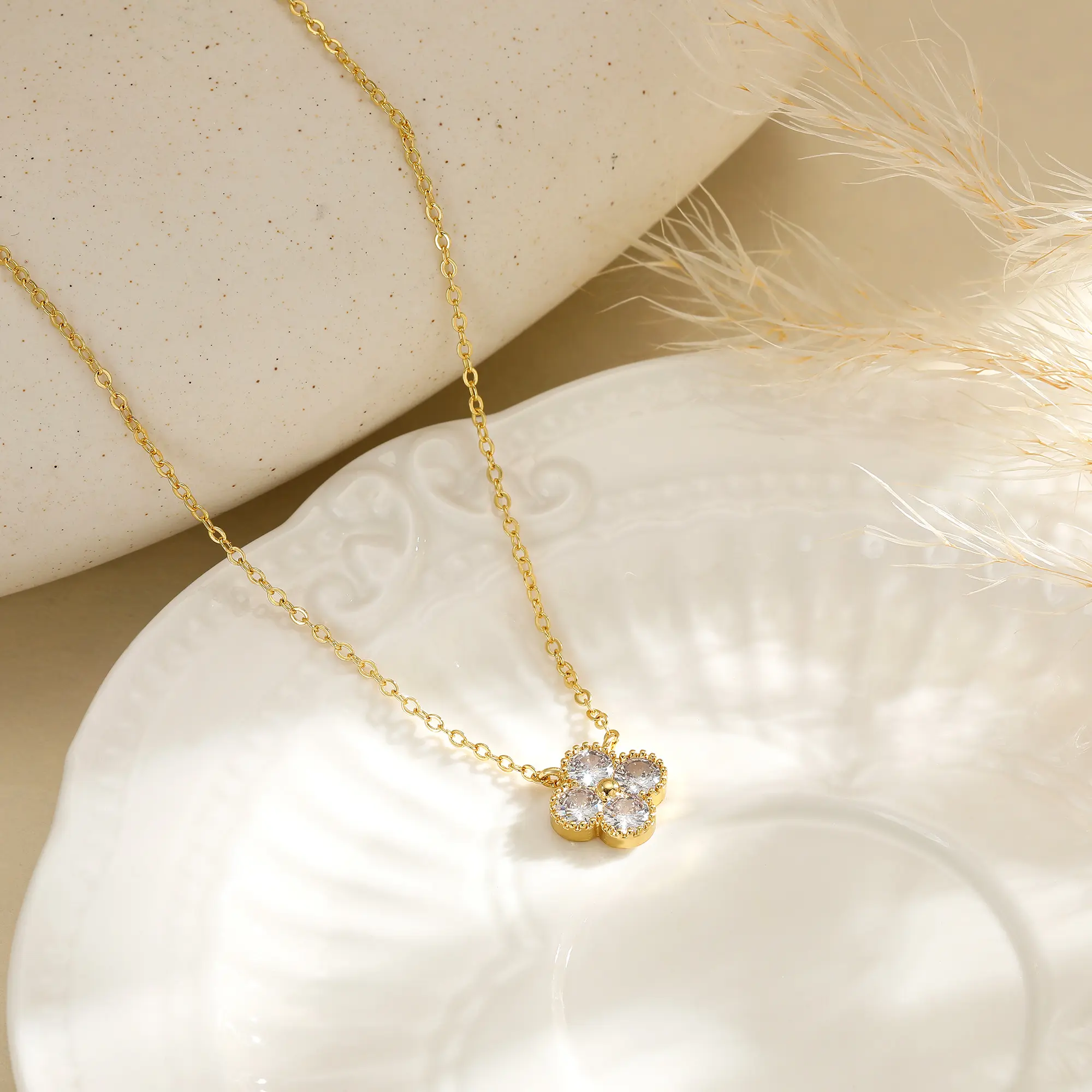 14K Gold Plated Colored Dangling Ear-Edge Zircon 4-Leaf Clover Necklace, Gold Plated Chain, Whimsical Jewelry, Accessories for Women, Mom Birthday Gifts & Gifts for Girlfriend (Daily & Party Wear)