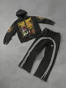 Men's Street Style Hoodie Set, Colorful Skull Print & Flame Design, Striped Pants, Oversized Fit, Fall&winter Fashion