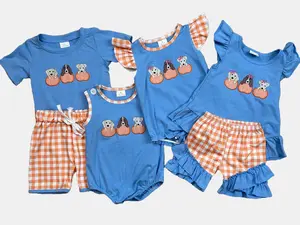 Fall Freshness Alert Puppy + Pumpkin Print Short Sleeve Kids Set Cuteness Overload Halloween Vibes Blue T-Shirt & Orange Gingham Shorts