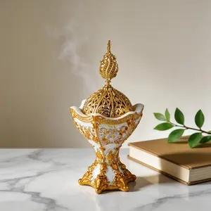 Elegant Resin Incense Burner, Incense Holder, Hollow Lid with Baroque Relief, Perfect for Living Room, Vanity, Meditation, Gift Scene