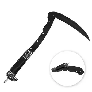 FU-GLBY All-Black Sharp Edge Folding Scythe with Wooden Handle - Two Section Safety Sickle Knife for Grass Scythe and Grass Sickle, Foldable Garden Tool with Sheath