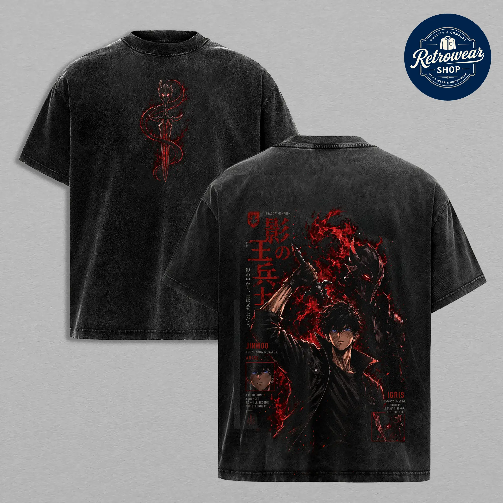 Sung Jinwoo Solo Leveling T-Shirt, Shadow Monarch Igris Graphic Tee, Back Print Vintage 90s Anime Shirt, Graphic Tees Men, Trendy Tshirts, Men's T Shirts, Solo Leveling Streetwear, Unisex Cotton Distressed Tee