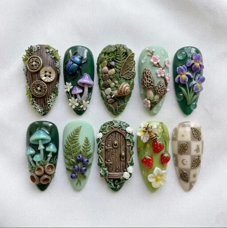 Cottagecore Forest Hand-Painted Press On Nails, 3D Mushroom Fairy Door Snail Nail Art Set, Gif For Her On Wedding Birthday Party