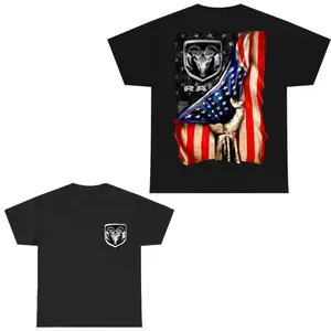 Dodge Ram Logo Behind American Flag T-Shirt, 2 Sided, Patriotic Truck Graphic Tee, Unisex Shirt, Men Gift, Men Shirt, Full Size, Full Color