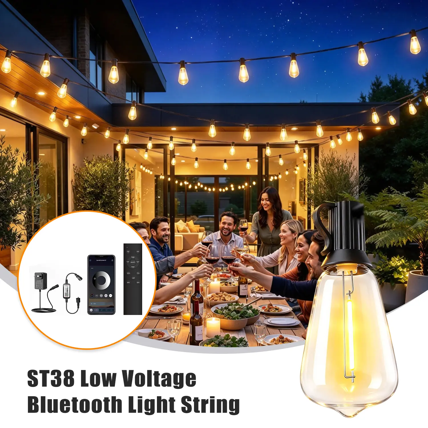 Outdoor String Lights 50/100/150FT, APP & Remote Control Hanging Outdoor Lights, Plug in LED Dimmable ST38 Shatterproof Waterproof Bulbs with Timer, Waterproof Backyard Pergola Garden Party Wedding Halloween Decor