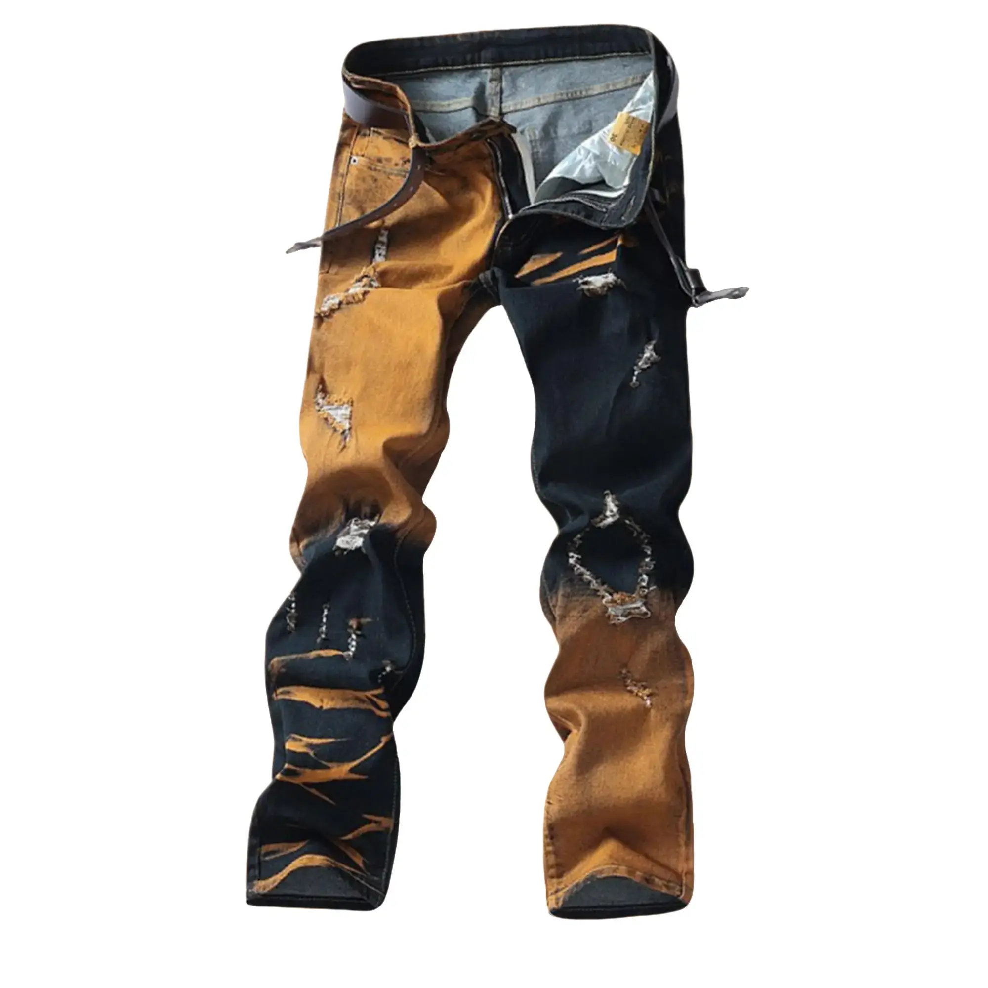 Men's Distressed Khaki Straight-Leg American-Style Jeans - Unique Retro Patch Appliqué Design, Multiple Pockets, Durable Fabric, All-Season Wear Menswear Denim