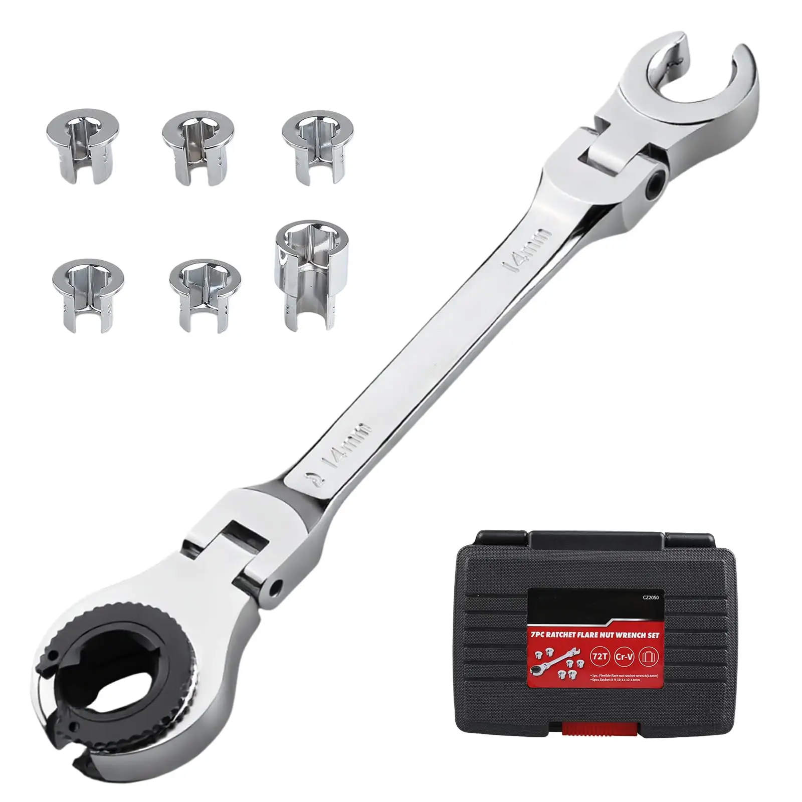 Flare Nut Wrennch Set 7-in-1, Ratcheting Line Wrench Metric 8-14mm 72-Tooth Ratchet for Brake Line, Fuel Line & Tubing Fittings, 6 Sockets 8-13mm, 180° Flex Head, CR-V Steel, Storage Cas
