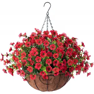 Red Artificial Daisy Hanging Basket with Eucalyptus, 12 Inch Outdoor Porch Decor, Coconut Liner Planter for Year-Round Patio & Garden Beauty