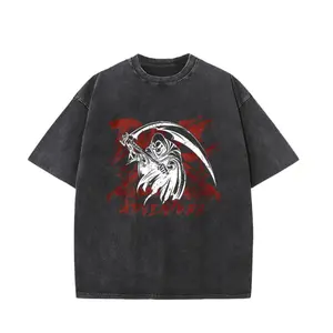 Vintage Washed Black Unisex T-Shirt – Grim Reaper & Adventure Graphic, Oversized Fit for Outdoor Streetwear & Gothic Aesthetic