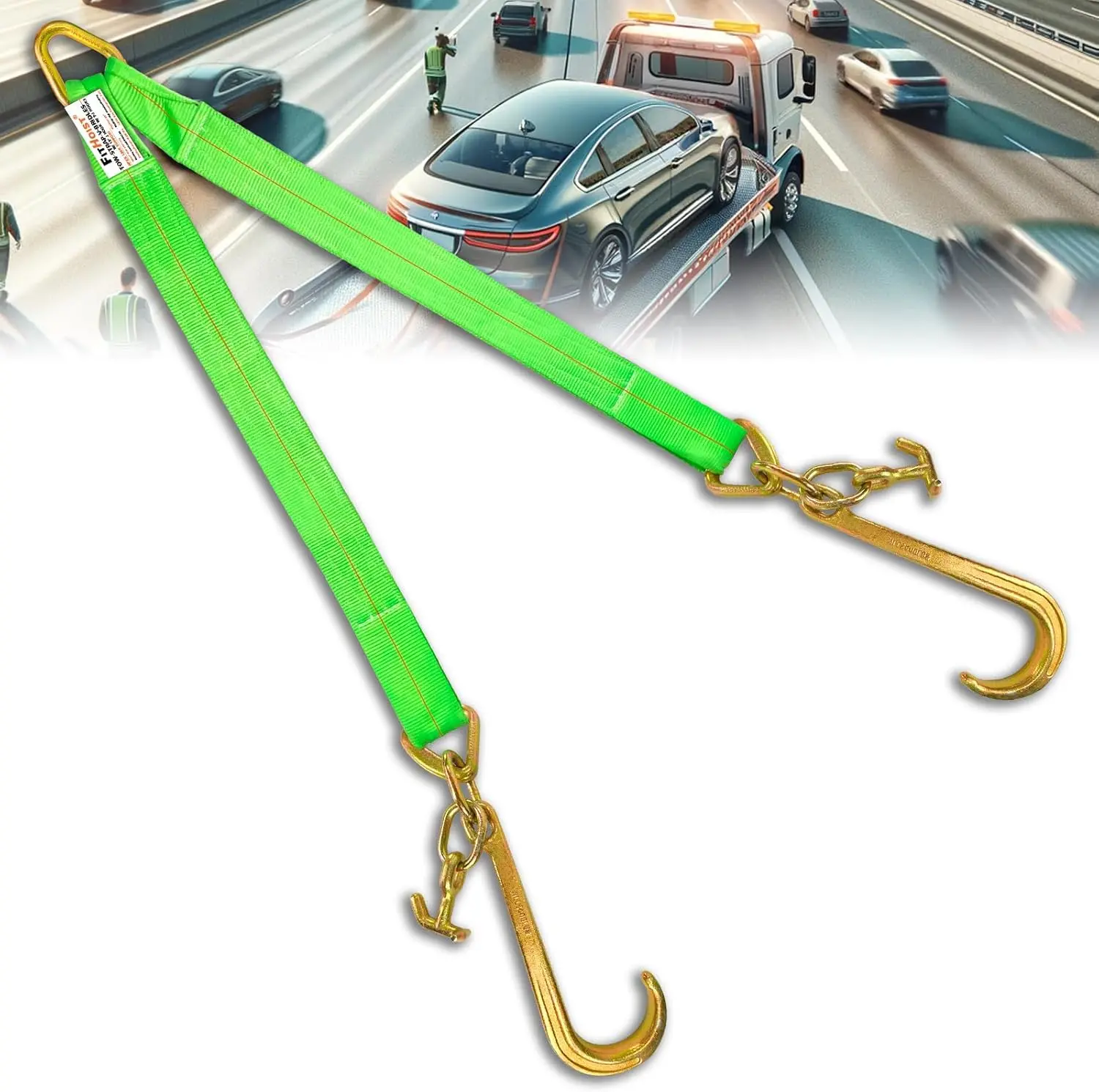 V Bridle Tow Strap w/ 15'' J & T-J Hooks | 3" x 36''  V-Strap, Hi VIZ Green Webbing, 5400lbs WLL | Heavy Duty Tow Straps w/Reinforced Webbing for Towing,  Hauler, Wrecker, Rollback