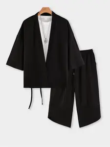 Men's Japanese Style Open Front Cardigan Set, Simple Kimono Sleeve Jacket, Irregular Hem Pants, Elastic Waist Drawstring Seven-Quarter Pants