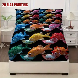 3-piece Vivid Rainbow Bed Sheet Set - Includes 1 Bed Sheet and 2 Pillowcases - Blue, Orange, Yellow, Green, and Red Bright Fish Designs - Perfect for Home and Hotel Bedrooms - Fresh and Neat Atmosphere, Suitable for Peaceful Sleep, Essential for Hotel Bed