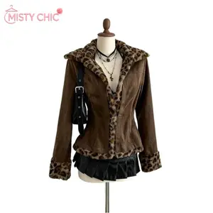 MISTY CHIC Retro Y2K Style Suede Jacket with Leopard Print Faux Fur Trim at Collar, Hem and Cuffs, Fitted Silhouette and Single Button Closure, Perfect for Street Style, Night Out and Casual Trendy Outfits