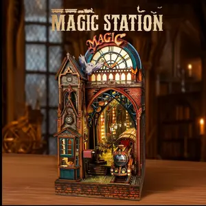 Led 3d puzzle magic station book nook kit interactive 3d wood puzzle led magical miniature with infinite extension space diy bookshelf insert decor gifts