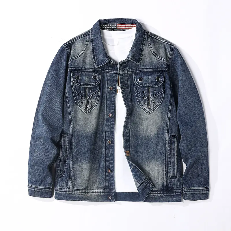 Men's Casual Long Sleeve Loose-Fitting Vintage Gradient Whisker Wash Rivet Multi-Pocket Trucker Denim Jacket - American Flag Collar Lining, Lapel Button Front, Distressed, Cold Wash & Machine Washable Biker Workwear Outer Coat, Outdoors, Polyester