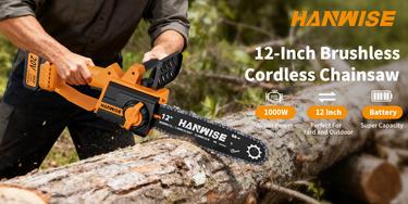 HANWISE 12 inch brushless electric chain saw features an enhanced handheld design with cordless and portable functions. It is very suitable for cutting wood, maintaining yards and gardens. It is an excellent gift choice for men and husbands.